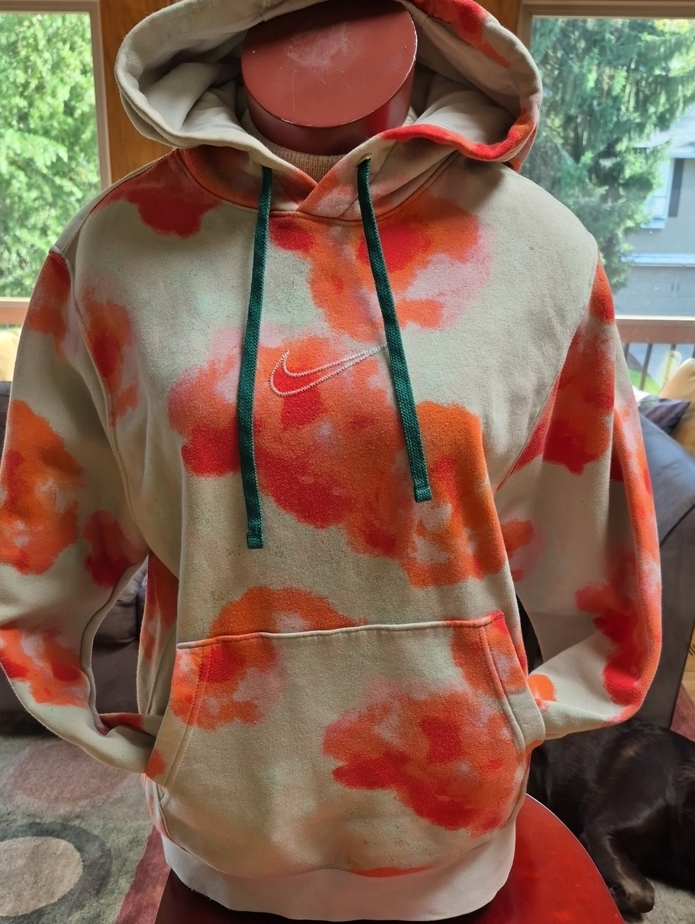 Nike Cream Tie-Dye Crewneck Hoodie with Orange Accents and Green Drawstrings